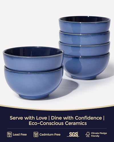 Image of Pokini 5.5 inch Stoneware Cereal Bowls Set of 6, 22 Oz Soup Bowls Set | Reactive Glaze Cereal Bowls Set for Cereal Soup Snacks, Kitchen Bowls for Meal, Dishwasher & Microwave Safe, Light Blue