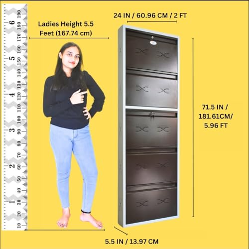 Image of I Metal Shoe Rack I Double Lock I Slim and Wall Mounted I 5 Shelves (Brown Colour) I Coad LC 2M-05 BR I Height 71.5 Inches, Width 24 Inches, Depth 5.5 InchesI 3 Years Warranty.