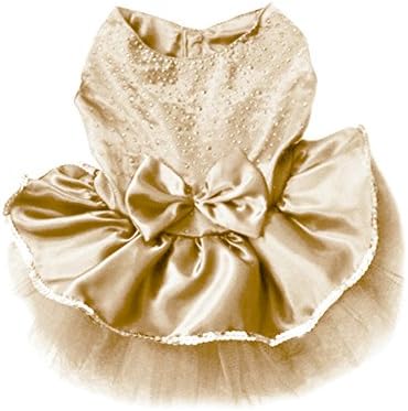 Xincy Pet Dog Lace Bow Tutu Dresses Gold Size M