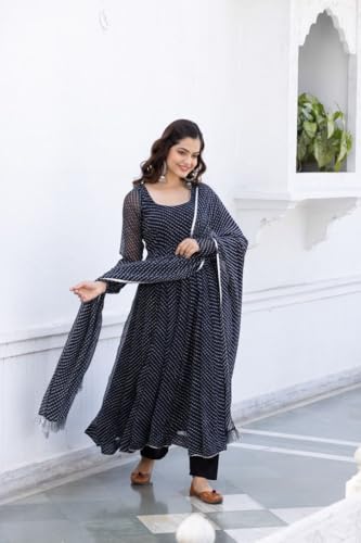 Image of Modestouze Attires Women's Rayon Printed Kurta Set | U Neck Full Sleeve Fit Flared Anarkali Kurti and Print Dupatta