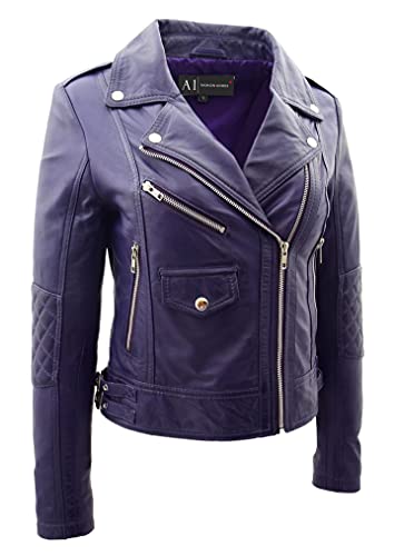 Veste de motard pour femmes en cuir violet souple haut de gamme Ayla