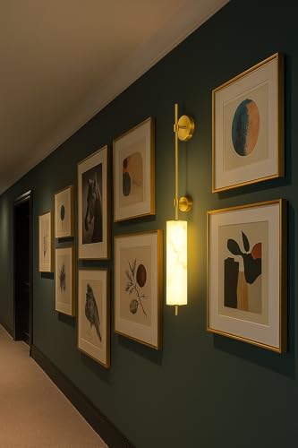 Image of blissbells Modern Brass & Alabaster Wall Sconce Light - Vertical Cylinder Design for Bedroom, Living Room & Hallway Decor (Cylindrical Sconce)