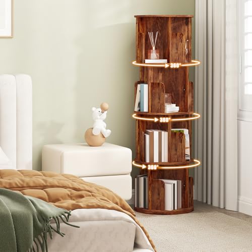 AVAWING Rotating Bookshelf 360°, 4-Tier Corner Bookcase for Small Spaces, Holds 80-100 Books, Space-Saving Shelf for Bedroom, Living Room, Study Room & Home Office, Brown
