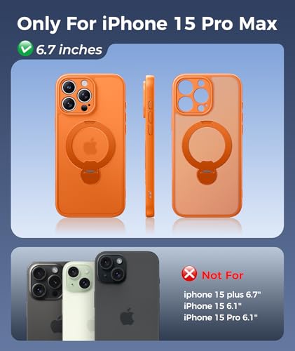Image of FNTCASE for iPhone 15 Pro-Max Case: [360 Spin Magnetic Stand] [Compatible with Magsafe] [Screen Protector] Translucent Matte Military Grade Shockproof Full Camera Protective Phone Cover - Orange