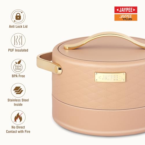 Image of JAYPEE Luxura Inner Stainless Steel Serving Casserole Set of 3 Elegance Unique Design PU Insulated 100% Food Grade with Lockable Lid, Chrome Plated Handle Hot Case |1500, 2000, 2500 ml, Brown