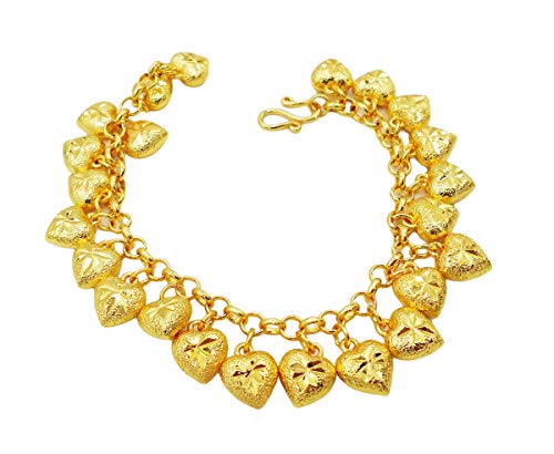 Lovely Heart Hanging Bracelet 22K 23K 24K Thai Baht Gold Plated Bangle 7 Inch Jewelry For Her #TOP12