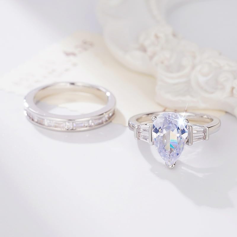 Sdouefos 2PCS Pear Shaped Wedding Ring Set for Women Platinum Plated Silver Moissanite Bridal Sets Wedding Rings Teardrop Engagement Ring Set Radiant Cut Engagement Rings Set Size 73