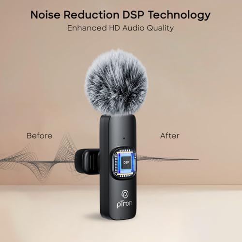 Image of pTron KWM-1 Omnidirectional Type C Wireless Microphone w /DSP Noise Cancellation, Plug & Play, 25m Wireless Range, Lapel Wireless Collar Mic for Video Recording, Supports Type C Android, iPhone(Black)