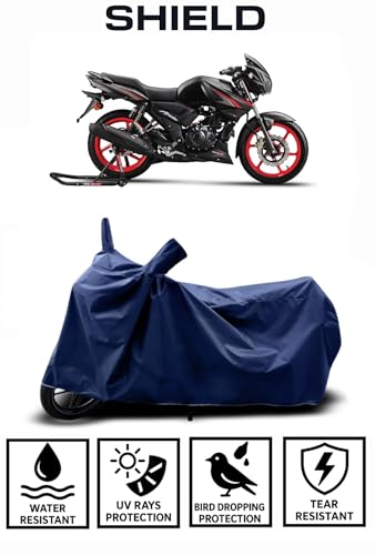 Image of Shield Heavy Duty Bike Cover for Tvs Apache RTR 160 | All-Season, Tear-Proof Fabric | with Side Mirror Pocket & Buckle Belt | Tvs Apache RTR 160 Bike Cover (Blue)