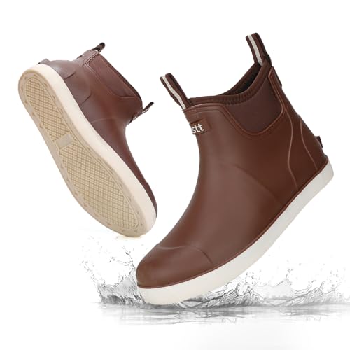 Image of Men's Deck Boots Waterproof Fishing Rain Boots, Anti-Slip Rubber Boots Ankle Booties, High-Performance Footwear Chelsea Boots for Gardening Boating Camping Sailing