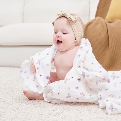 Image of Little Grape Land Muslin Swaddle Blankets 47''x47'' 4 Pack, 100% Cotton Large Size Baby Swaddles for Newborn, Soft Breathable Baby Blankets for Newborns, Butterfly&Bunny