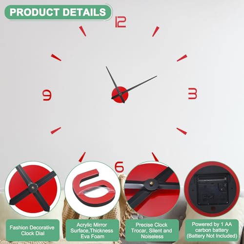 Horloge murale 3D rouge autocollante design moderne sans cadre