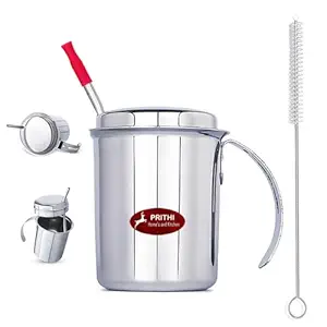 Prithi Home's and Kitchen Stainless Steel Sipper with Handle & Lid (Cap) 2 in 1 Use - Handle Tumbler or Straw Sipper-220 ML Sliver with Straw Cleaner Brush (Sippy Cup with 1 Brush)