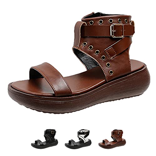 Women's Leather Bands Platform High Top Roman Sandals with Adjustable Ankle Buckle Open Toe Breathable Casual Fashion Gothic Sandals