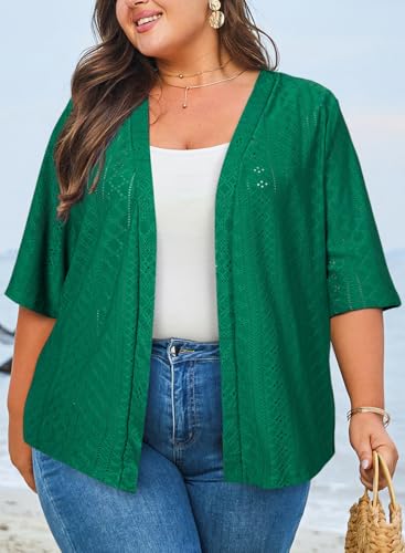 Image of Eytino Plus Size Cardigan for Women Half Sleeve Knitted Jacquard Summer Kimono Cover up Tops(1X-5X)