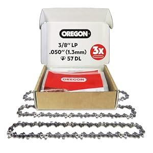 Oregon 3-er Pack Sägekette 3/8 LP Teilung, 0, 50 Zoll (1, 3 mm) Stärke, für 16 Zoll (40 cm) Führungsschiene, 57 Treibglieder - Geringer Rückschlag Ersatzsägekette für Titan, Ryobi, Hawksmoor und mehr