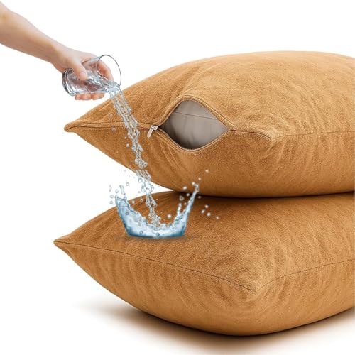 Image of Waterproof Terry Cotton Pillow Protector Cover with Zippered Closure | 18X28 Inch Standard Size Pillow Cover, Set of 2 | Dustproof Bedding Pillowcase for Protection (Beige)