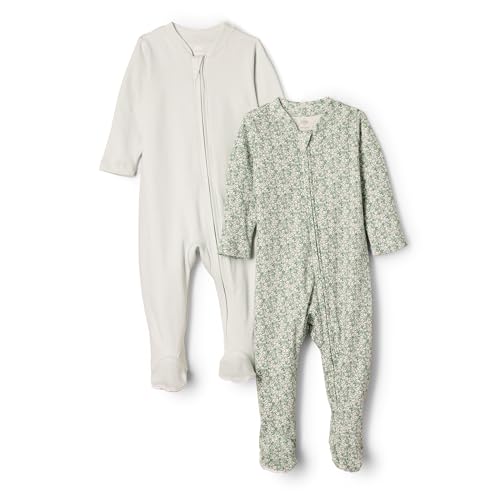 Amazon Essentials x Sofia Grainge Unisex Babies' Cotton Footed Sleep and Play Bodysuit, Pack of 2, Pale Green/Posey Floral, Newborn