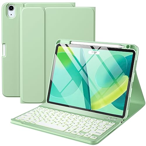 Vobafe Hülle mit Tastatur für iPad Air 11 Zoll M4 2026/M3 2025/M2 2024, iPad Air 5 4 2022 2020 10,9, 7 Farben Beleuchtete mit Abnehmbare Tastatur,TPU Rückschale mit Stifthalter,QWERTZ, Grün