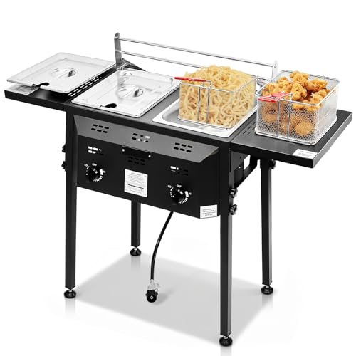 Outvita Outdoor Propane Deep Fryer, Double Burners Commercial Fryer, 16 Qt Cooker with Removable Baskets & Lids & Tanks, Oil Fryer Cart with Thermometer & Foldable Side Tables for Outdoor Cooking