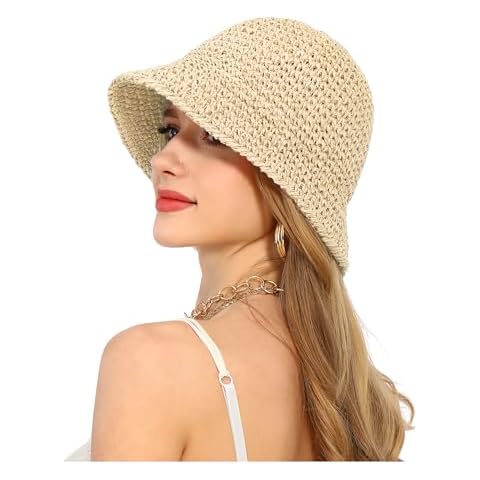 Rulala Fancy Womens Sun Hat Handmade Straw Bucket UV Protection Wide Brim Packable Travel Summer Cap for Beach UPF 50+(Beige) Cover