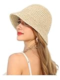 Rulala Fancy Womens Sun Hat Handmade Straw Bucket UV Protection Wide Brim Packable Travel Summer Cap for Beach UPF 50+(Beige)