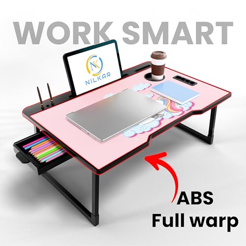 Image of Foldable Wooden Mini Laptop Table for Bed, Study Table with Drawer, Tablet /Mobile Holder for Kids & Adults (STD UK)