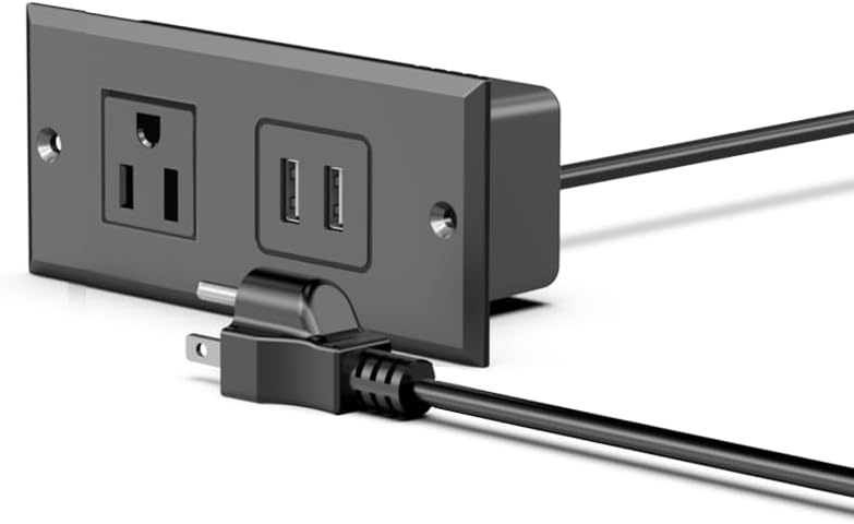 Small Recessed Power Strip Plug Extension Cord Hidden Charging Station with Inset USB Electrical Outlet Extender Flush Mount Surge Protector for Desk Furniture NightStand Under Desk (Black)