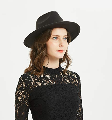 Women Or Men Woolen Felt Fedora Hat Vintage Widet Brim Crushable Hat Belt Jazz, Black 58-60Cm #TOP4