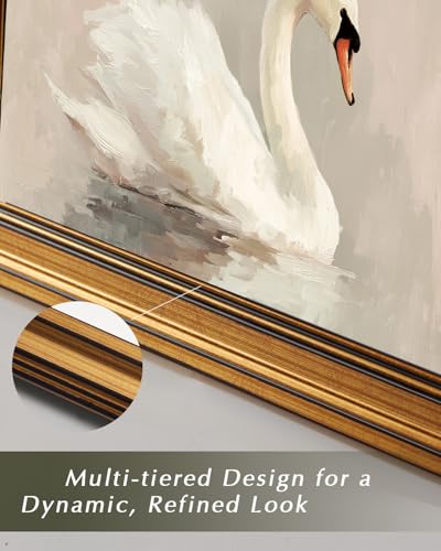 Image of HUARCEY Gold Framed Vintage Wall Art for Living Room, Animals Painting Prints Shelf Decor for Kitchen, Aesthetic Bedroom Wall Art, Best Gifts for Friends or Family - Swan White 36L x 24W