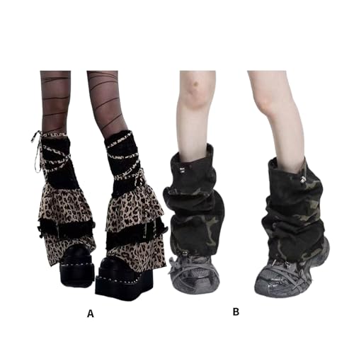 Aesthetic Animal Camouflage Leg Warmers for Women Tiered Ruffle Boot Covers Flared Footless Socks with Adjustable Ties3