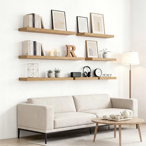 RICHER HOUSE Eiche Wandregale, 40 x 23,5 x 3,8 cm Wandboard Holz, Holzregal Wand mit unsichtbaren Halterungen, Schweberegal für Schlafzimmer, Wohnzimmer, Badezimmer, Küche, Waschküche, Büro