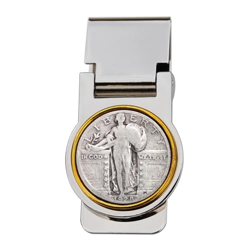 US 1928 Standing Liberty 90% Silver Quarter Hinged Money Clip NEW - Gold Coin Bezel