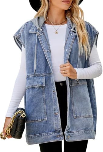 Chaleco Vaquero con Capucha para Mujer Moda Chaleco Vaquero Largo Oversize Boyfriend Casual sin Mangas Vintage Abotonado Solapa Chaqueta clásica Primavera y Otoño (Azul,XL)