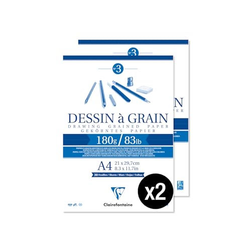 Clairefontaine 96624AMZC Un lot de 2 Blocs Encollés Papier Dessin à Grain - 30 Feuilles Papier Dessin au Grain Marqué - A4 21x29,7 cm 180g - Idéal pour le...