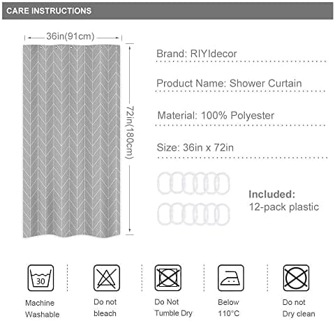 Riyidecor Small Stall RV Gray Grey Shower Curtain Liner for Bathroom Narrow Dorm Half Size Stand Up 36x72 Inches Wide Single Chevron Herringbone Geometric Tiny Walkin Fabric Polyester Bathroom - 5