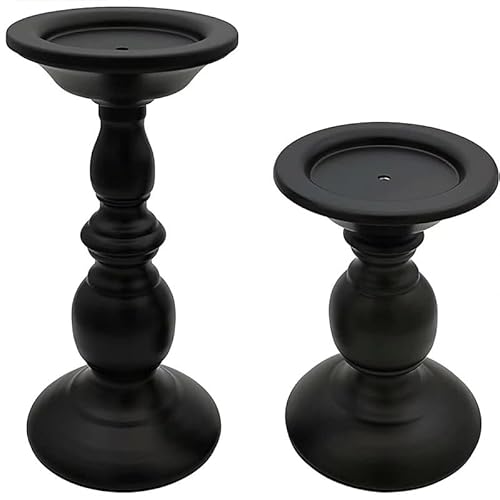 AIMALL 2pcs Black Iron Candle Holders, Modern Pillar Candle Stand Set, 6.3 and 8.7 Inch Height for Candlelight Dinners and Home Decor
