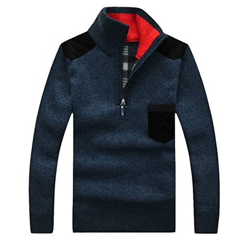Pull d'hiver à col roulé pour homme demi-zip manches longues laine tricotée bleu grande taille