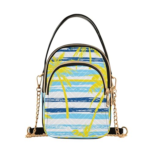Yellow Palm Trees Blue White Striped One Shoulder Handbags Quilted Chain Wallet Cell Phone Purse Cute Designer Satchel Crossbody Bag
