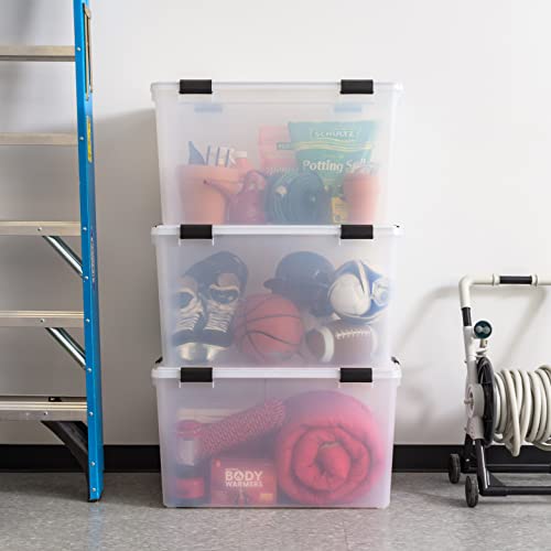 Image of IRIS USA WeatherPro 156 Qt Storage Bins with Lids, 3 Pack, BPA-Free Plastic Gasket Box with Tight Latch and Seal, Stackable Nestable Tote Tub - Clear /Black
