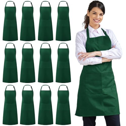 Image of Syntus 12 Pack Bib Apron, Unisex Aprons Adjustable Waterdrop Resistant with 2 Pockets Cooking Kitchen Apron for Chef, BBQ Drawing Apron Bulk, Dark Green