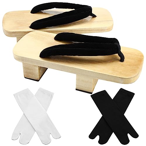 Hercicy Japanese Wooden Clogs with 2 Pairs Tabi Socks Japanese Wooden Sandals Geta Sandals Clogs for Halloween Parties
