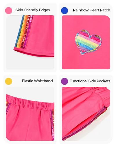 Image of WELAKEN Girls 2 Piece Outfit Kid Toddler Heart & Rainbow Sequin Striped T-shirt and Shorts Clothing Set
