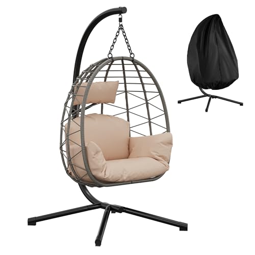 Aptliton Heavy Duty 130kg Collapsible Hanging Egg Chair with Stand – PE Rattan Hammock Swing – Cushions & Weatherproof Cover – Indoor Outdoor Wicker Lounge – Grey Rattan, Beige Polyester, Black Rain