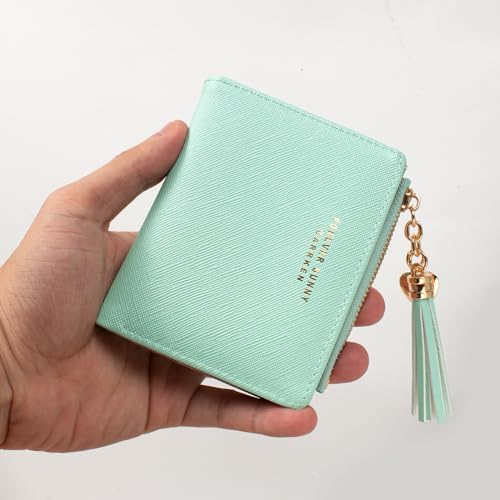 Image of KOTORA Womens Small Wallet Girls Tiny Slim Wallets Pretty Mini Card Holder Thin Short Zip Coin Purse with Love Pendant and Tassels (Green)