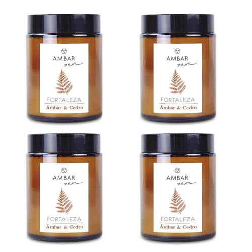 Pack 4 Velas Perfumadas Ámbar y Cedro 125 g – Ambar Zen – Cera Vegetal con Notas Amaderadas y Especiadas – Duración +40 h – Ideal para Hogar, Meditación o Regalo