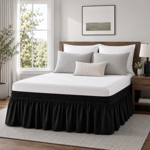 Vocander Black Queen Bed Skirt 16 Inch Drop, Elastic Wrap Dust Ruffle
