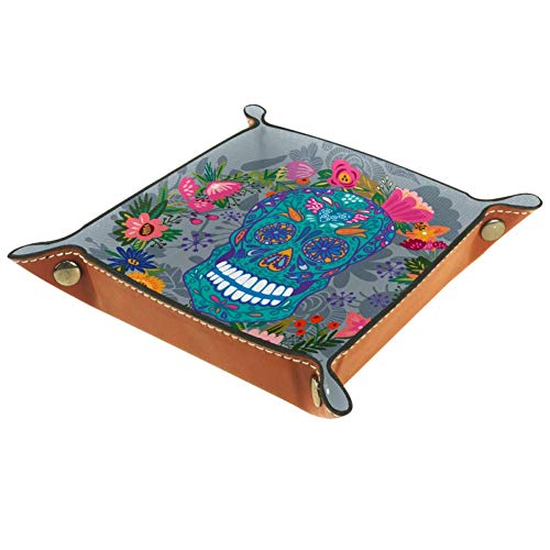 Preisvergleich Produktbild XiangHeFu Lustiger Blumenschädel Valet Tray Ledertablett Leder Catchall Schlüssel Handy Münzkasten für Schlüsselgeld Nachttisch Storage Container Box Organizer