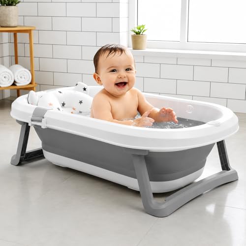 Image of StarAndDaisy Bath Tub for Baby 0-5 Years /Foldable Bath tub for Kids with Cushion, Space Saving Design, Newborn Baby Folding Bathing Tub Girls & Boys, Easy to Store tub -Grey