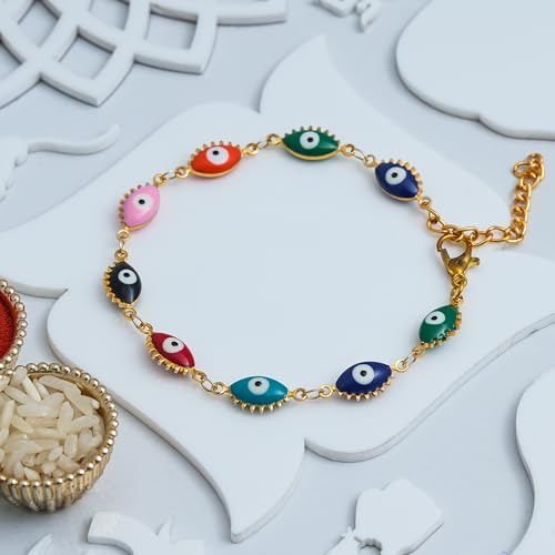 Image of eCraftIndia Evil Eye Design Bracelet Rakhi with Best Bro Ever Fridge Magnet | Rakhi for Brother Bhai | Roli Chawal Pack